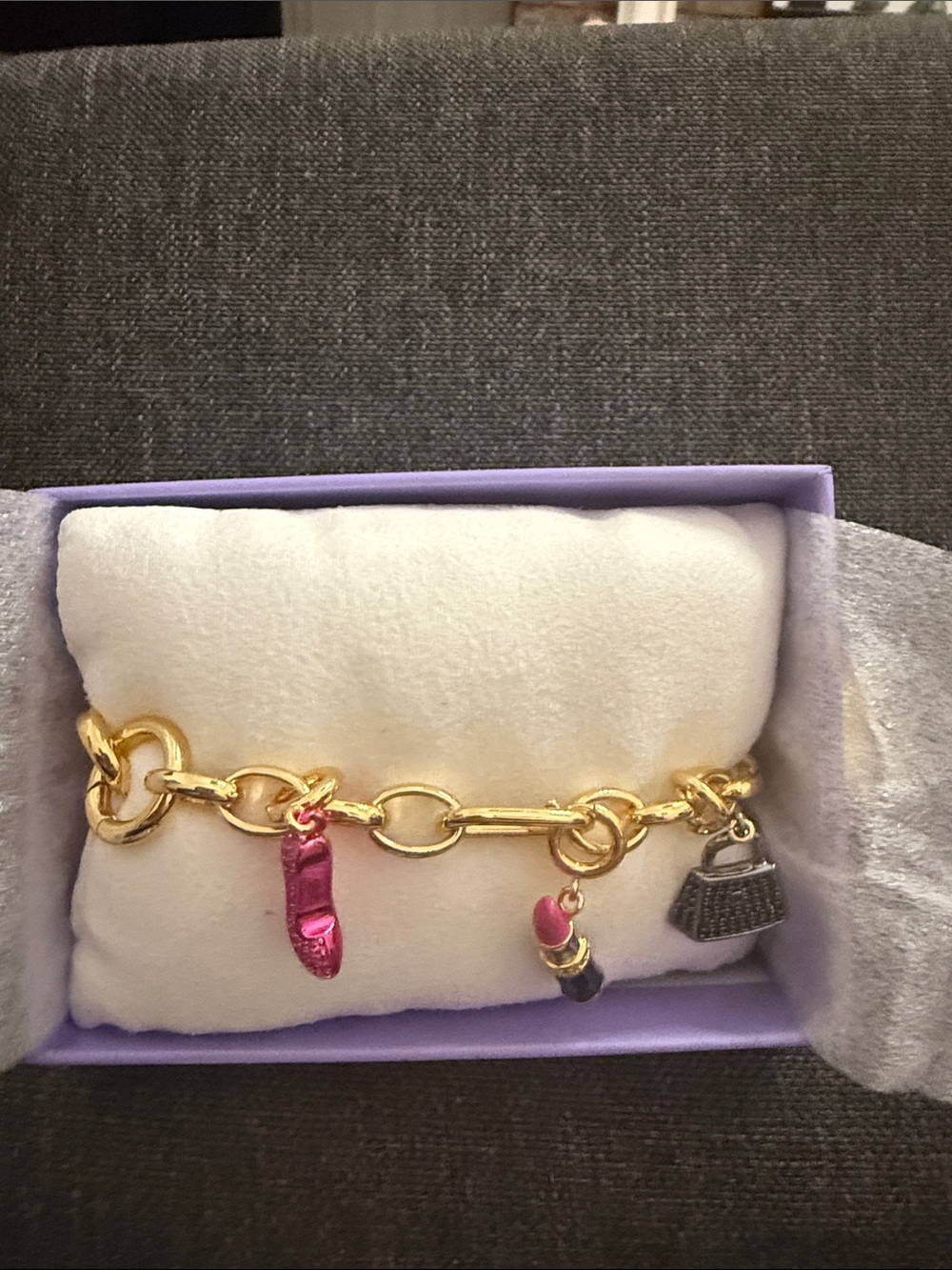 Bomb party Charmelie Charm Bracelet with Pink Shoe, Pink Lipstick & Black Purse